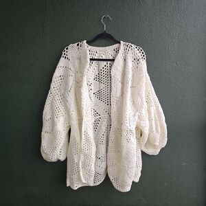 Grannystitch White Crochet Sweater Cardigan Sz L Oversized Cottagecore